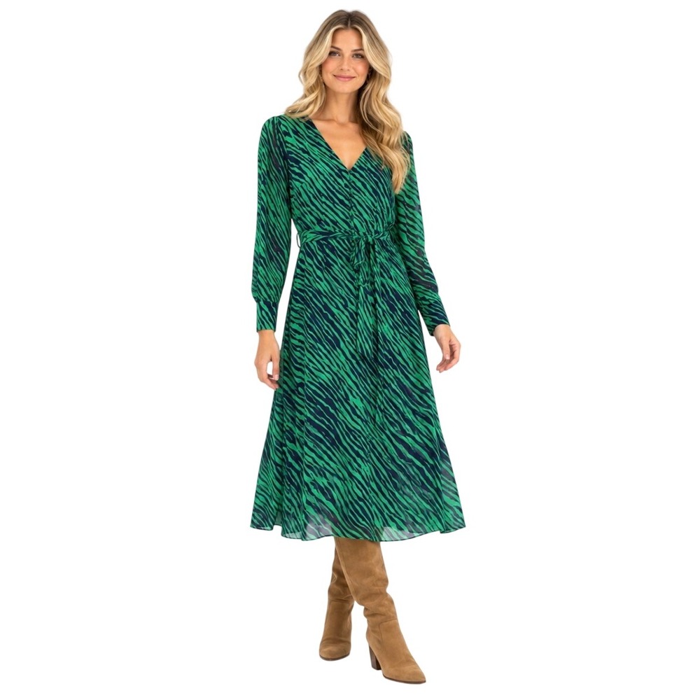 Boden Green Zebra Print Midi Dress US 4P UK 8P Long Sleeve V-Neck Belted